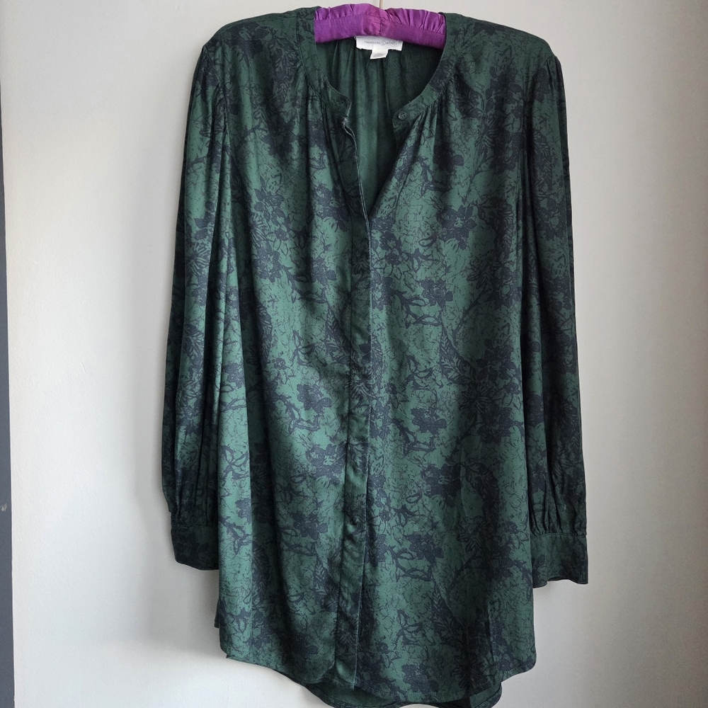 Treasure&Bond Oversized Green Floral Puff Long Sleeve Blouse Tunic Rayon XS NWT